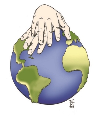 Graphic with two hands resting on globe.