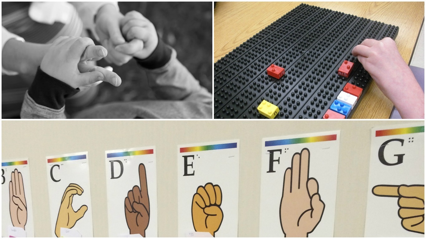 Three photo collage of hands, sign language alphabet, and legos.