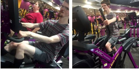 Jake is using an elliptical machine and bicycle exercise machine