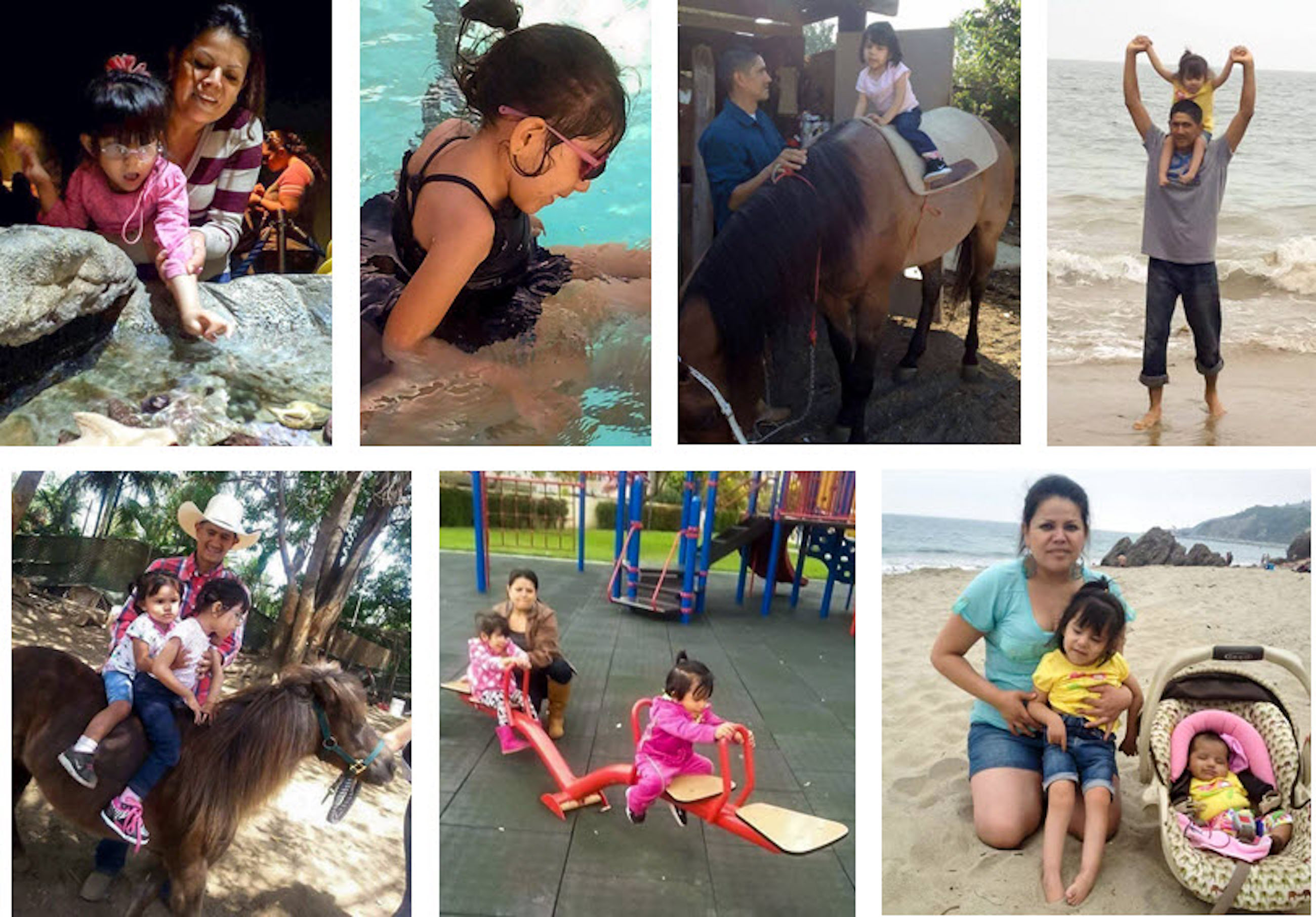 A collage of images of valerie doing outdoor activities with her family, including horseback riding, swimming, playing at the park.