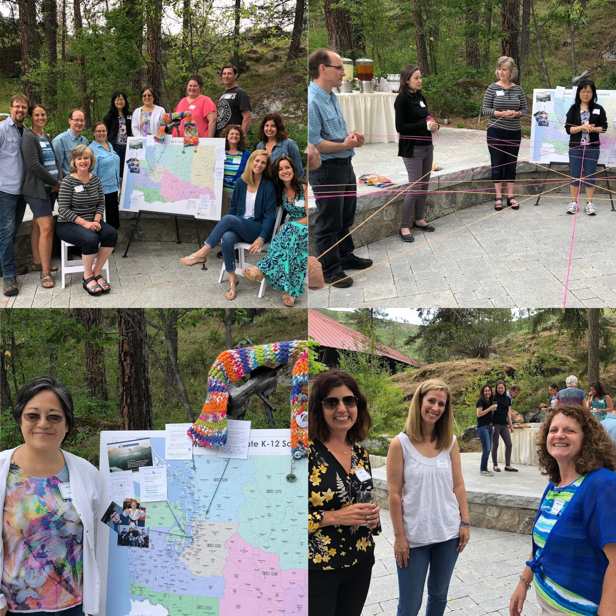 Collage of photos of FECS in front of a WA map, doing a string activity, and standing with the scarf.