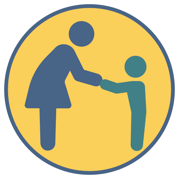 Adult and child touching hands.